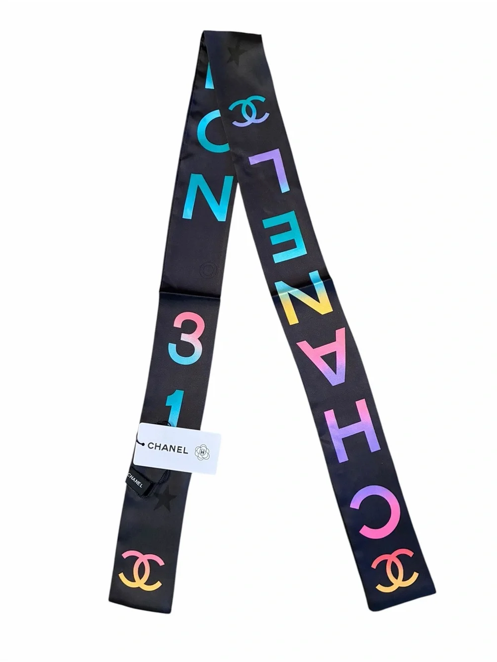 ChaneI. Black Multi Color Spell- Out Logo Twilly , Hair, Muffler Scarf 100% Silk